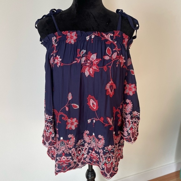 Parker Blue Multi Cotton Floral Paisley Embroidered Tie Strap Jillian Blouse EUC - Picture 1 of 9